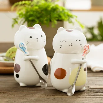 

Cute Cat Ceramic Water Cup Couple Large Capacity Mug Three-dimensional with Lid with Spoon Coffee Cup Travel Mug Cups and Mugs