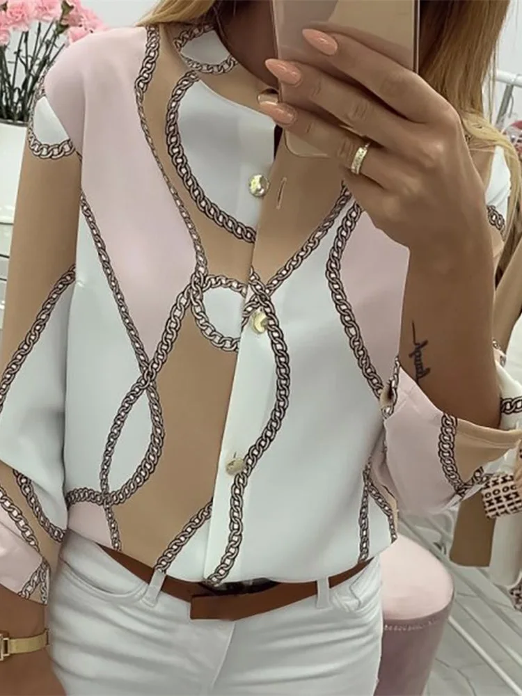 

2019 Autumn Women Elegant Leisure Top Female V-Neck Basic Shirt Adjustable Sleeve Chains Print Button Design Casual Blouse