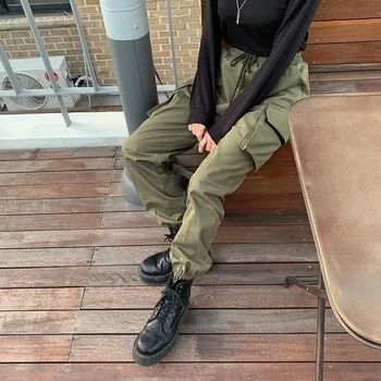 

Solid Harem Pants Women Hip Hop Black Cargo Pants Bandage Green Pocket High Waist Trousers Harajuku Full Length Capris