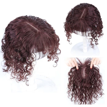 

Crown Topper Hairpieces with Bangs for Women Clip on Curly Wavy Human Hair Brown Top Wiglet Hairpieces for Thinning Hair
