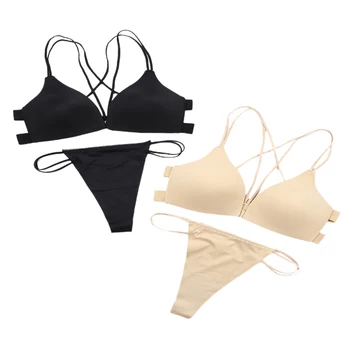 

Women's Push-up Bra Yoga Underwear Solid Color Breathable No-Wire Cross Bandage Brassiere Hollow Briefs