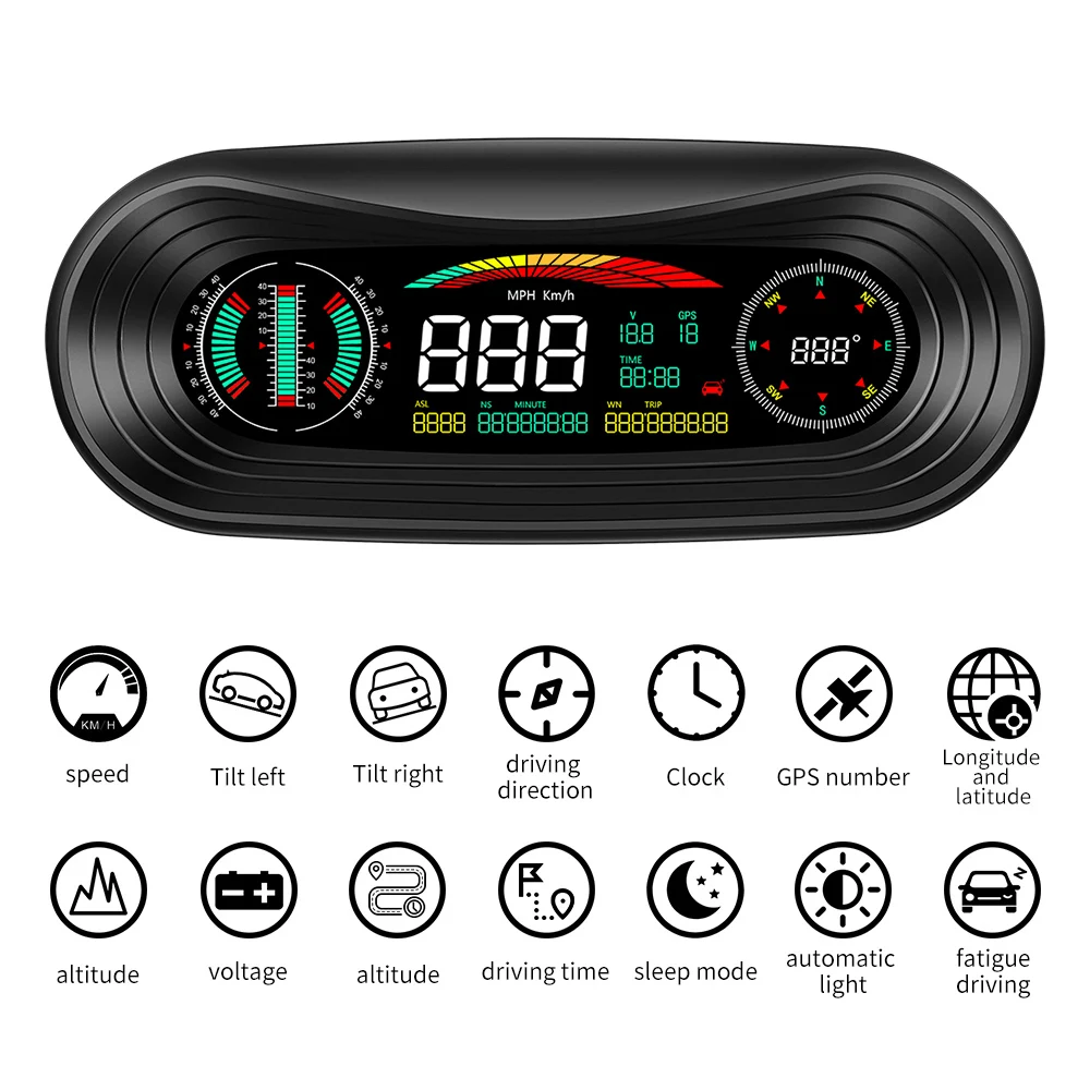 

P18 OBD2 GPS HUD Head Up Display 12V Car Speedometer Inclinometer Pitch Automotive Voltage Compass Altitude Clock