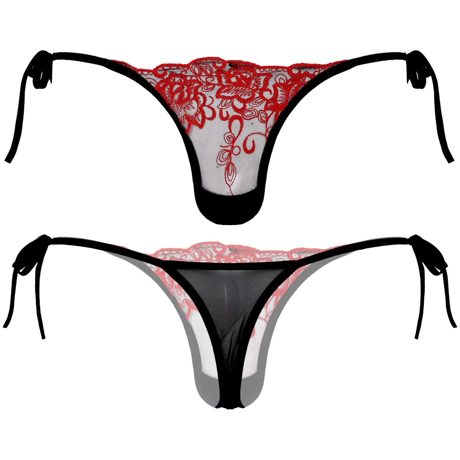 Men's Panties See-through Mesh Thongs Low Waist Lace-up G-string Sissy Briefs Underpants T-back Gay Underwear Embroidered Thongs