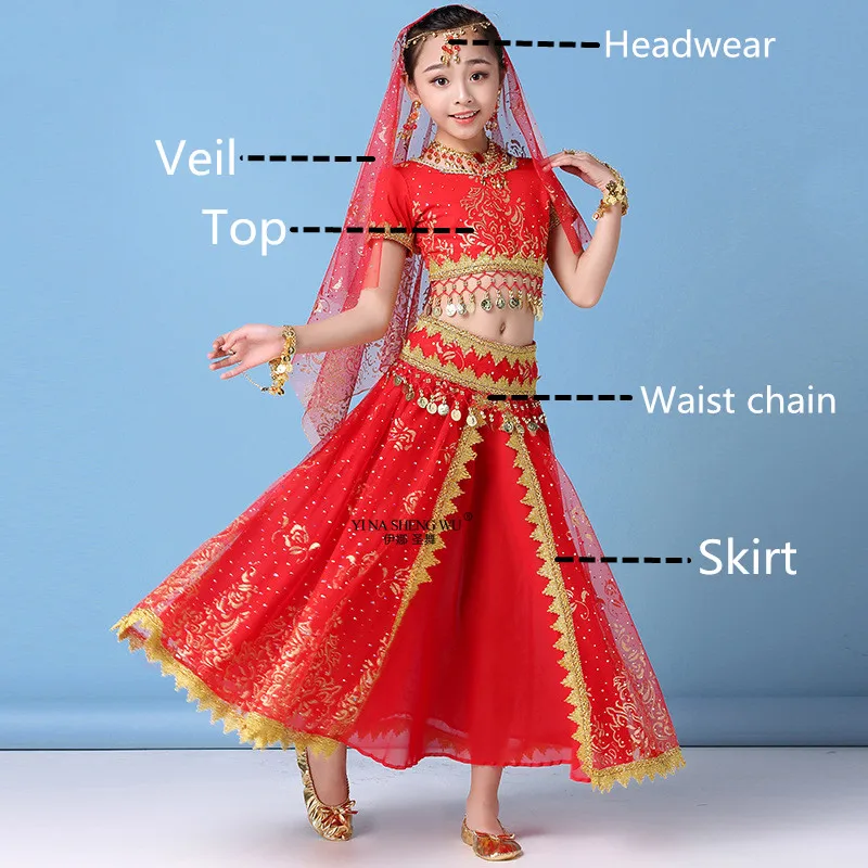Стиль, детский индийский танцевальный костюм для танца живота, сари, Болливуд, детский наряд, шифоновый костюм для танца живота, комплекты одежды для выступлений - Цвет: Red 5pcs