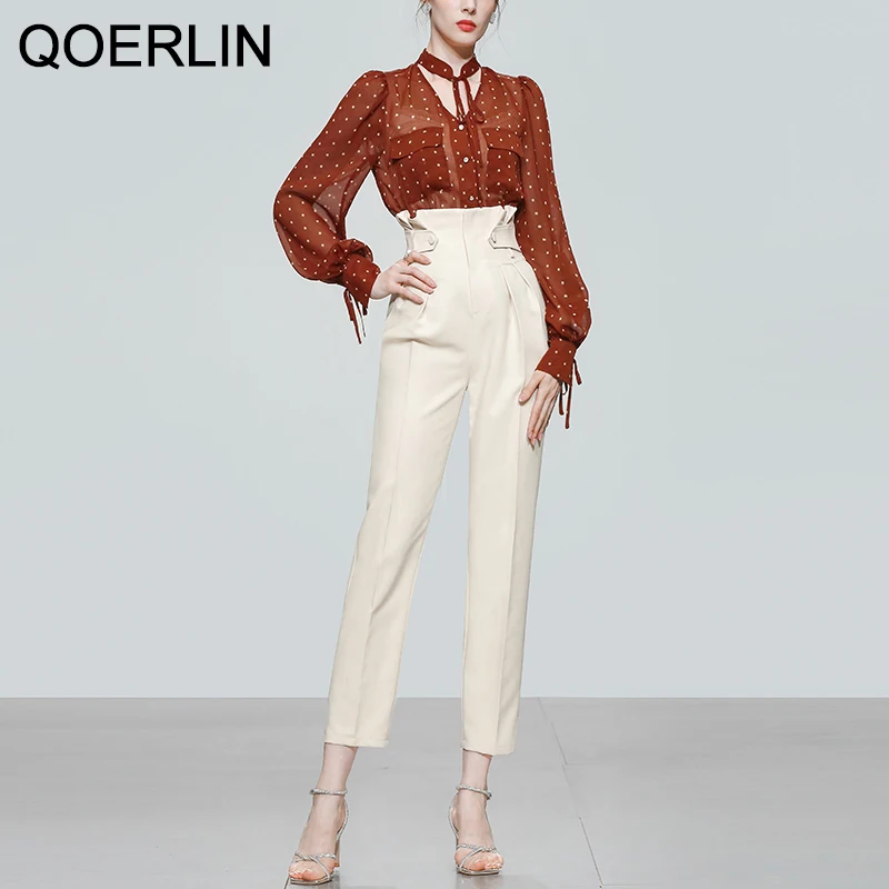 QOERLIN Spring Fall 2022 New Women Fashion Temperament Two-piece Polka Dot Chiffon Shirt Office Ladies Ankle-Length Pants Suits