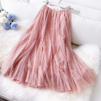 

Sherhure 2020 High Waist Women Summer Three Layer Mesh Long Skirts Saia Stars Sequins Beading Women Skirt Pink Faldas Jupe Femme
