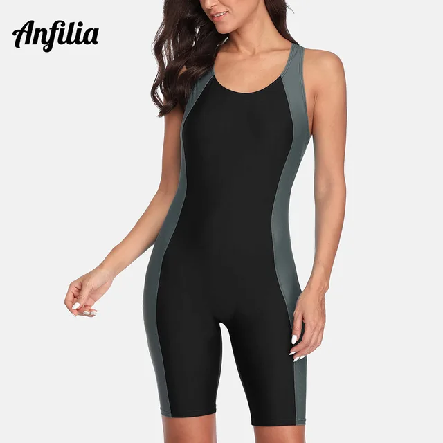 Anfilia One Piece Women Pro Sports Swimwear Boyleg Knee-length Sport Swimsuit Patchwork Bikini Beach Wear Bathing Suit 1