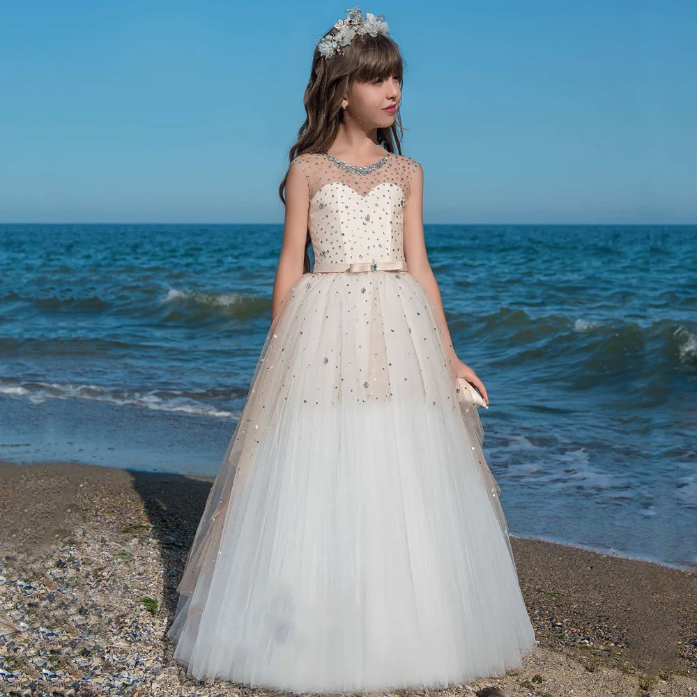 Flower Girl Dresses For Weddings A-line Cap Sleeves Tulle Beaded Crystals Long First Communion Little | Свадьбы и торжества