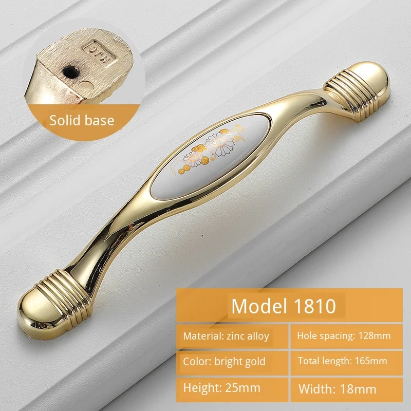 JD European Cabinet Wardrobe Door Single Hole Handle Gold Ceramic Handle Modern American Flower Pattern Drawer Furniture Handle - Цвет: 1810-C.C128mm