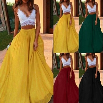 

Chiffon Long Skirt Elegant Solid Color Skirt Summer Autumn Women's High Waist Double A-line Boho Style Beach Maxi Skirts Saias