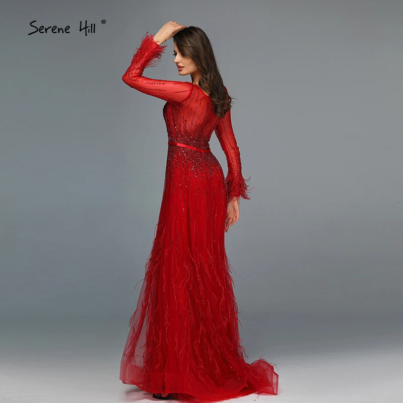 Винно-красный Дубай дизайн расшитые блестками перья платья для выпускного вечера А-силуэта с длинным рукавом Роскошные платья для выпускного вечера Serene Хилл BLA60836