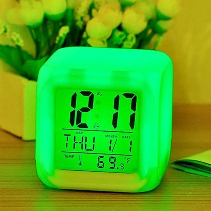 7 цветов светодиодный меняющийся цифровой светящиеся часы-будильник термометр Цвет Изменяемая электронные часы для детей Спальня украшения