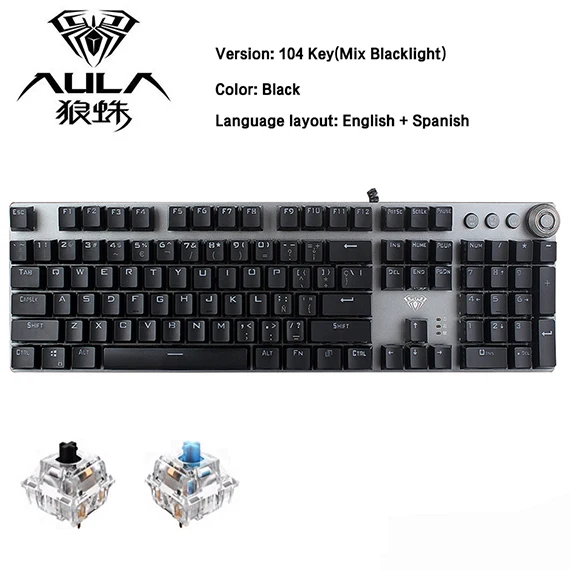 keyboard for multiple computers AULA PC Mechanical Keyboard 104 keys USB MIX LED Backlit Black Blue Switch for Arabic Russian Spanish Hebrew gaming Keyboard computer keypad Keyboards