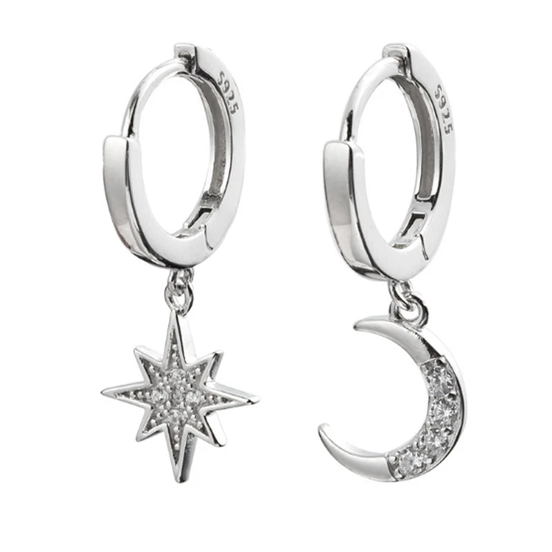 

Beautiful Korea Style Moon Star With AAA CZ Asymmetry Earrings Cute Snowflake Hoop Earrings For Girl Women 925 Silver Jewelry