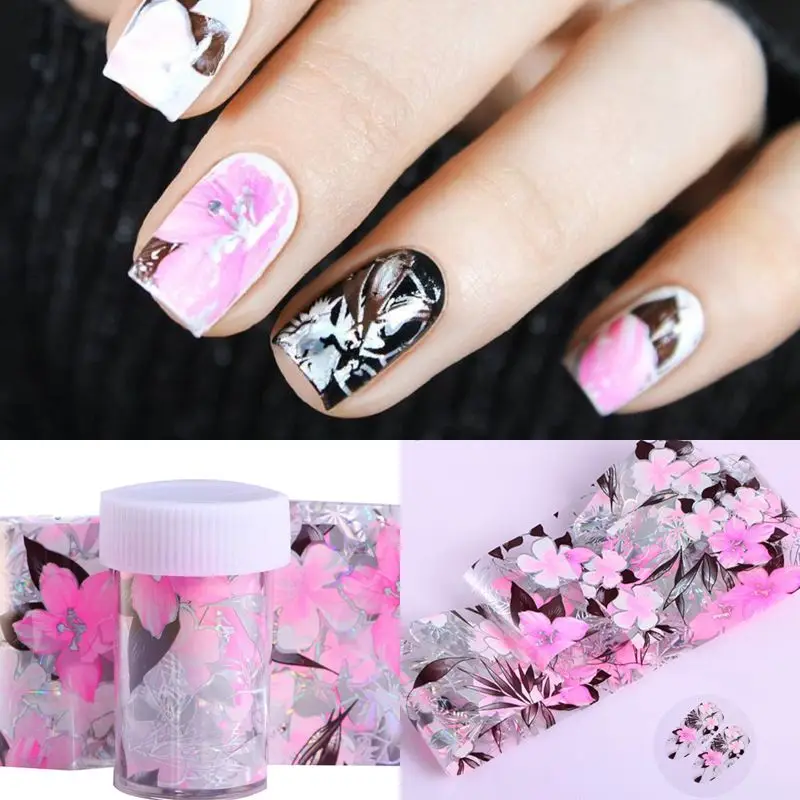 10pcs Flower Nail Art Foils Transfer Slider Mixed Designs Rose DIY Sticker Nail Foil UV Gel Adhesive Wraps Accessories