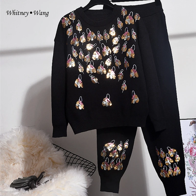 WHITNEY WANG осень зима мода уличная Bling Sequins свитер с цветочным рисунком и брюки костюмы женские трикотажные наборы из 2 предметов