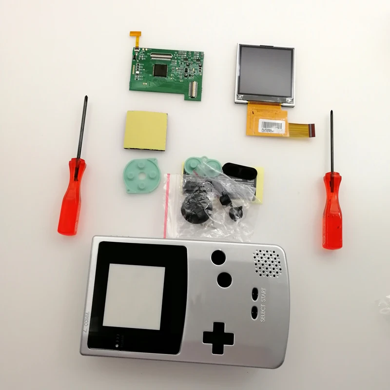 DIY консоль GBC экран комплекты ЖК-экранов Оболочка Чехол кнопки для игры мальчик цветная подсветка ЖК-экран 5 уровней яркость отвертки - Цвет: Silver