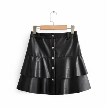 

Stylish Chic Ruffles PU Leather Skirt 2019 Fashion Elegant Women Single Breasted High Waist Skirt Casual Streetwear