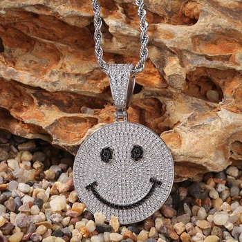 

Round Smile Face Expression Necklace & Pendant With Stainless Steel Rope Chain Bling Zircon Fashion Hip Hop Rock Street Jewelry
