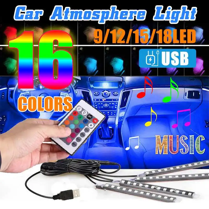 9/12/15/18 светодиодный зарядных порта USB для автомобиля RGB Светодиодные ленты света 16 Цвета диджеев декоративный дизайн автомобиля атмосферы лампы автомобиля внутренний свет