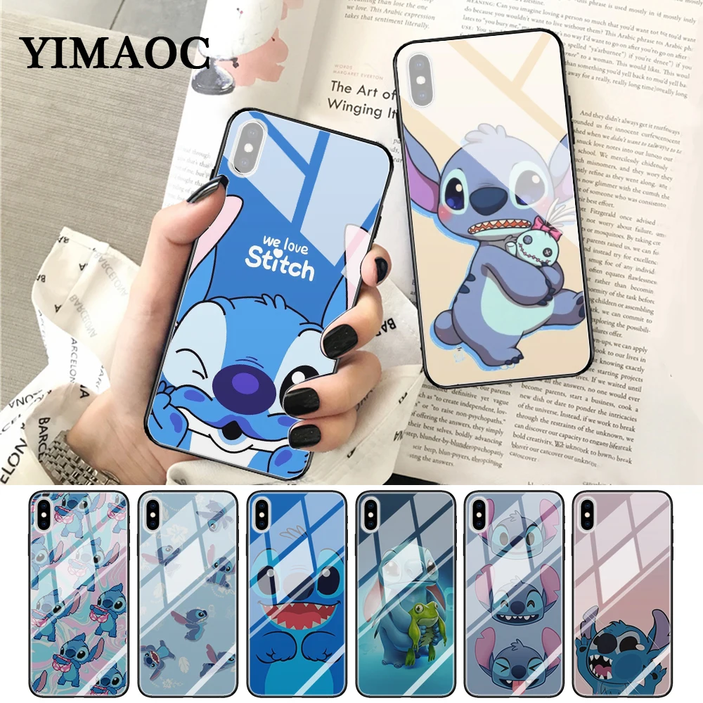 

YIMAOC Cute Cartoon Stich Glass Phone Case for Apple iPhone XR X XS Max 6 6S 7 8 Plus 5 5S SE