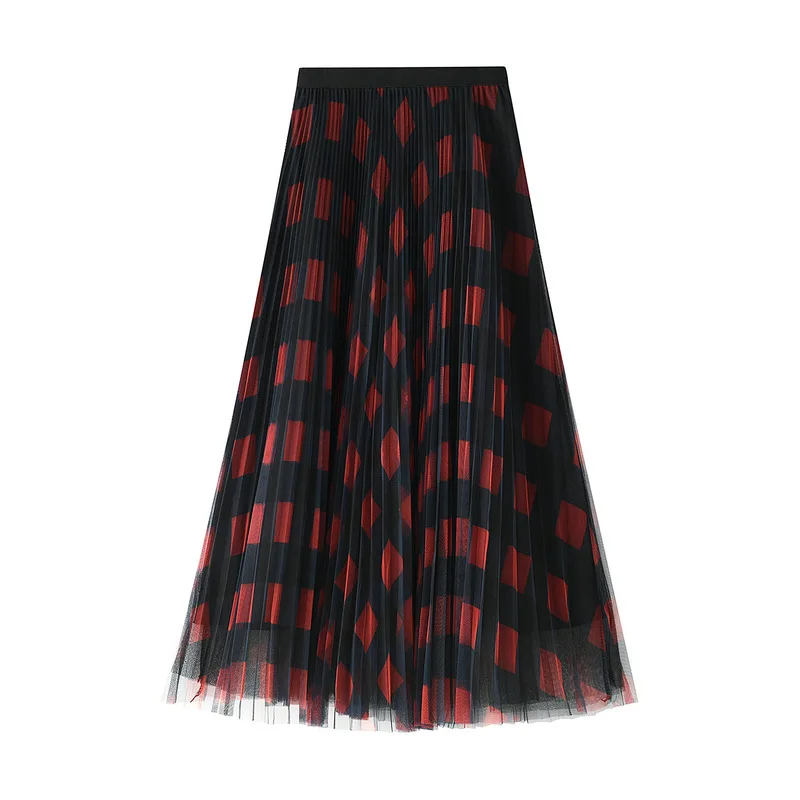 Color yarn grid subnet skirts gitl long sections pleated skirt veil 8329 | Женская одежда