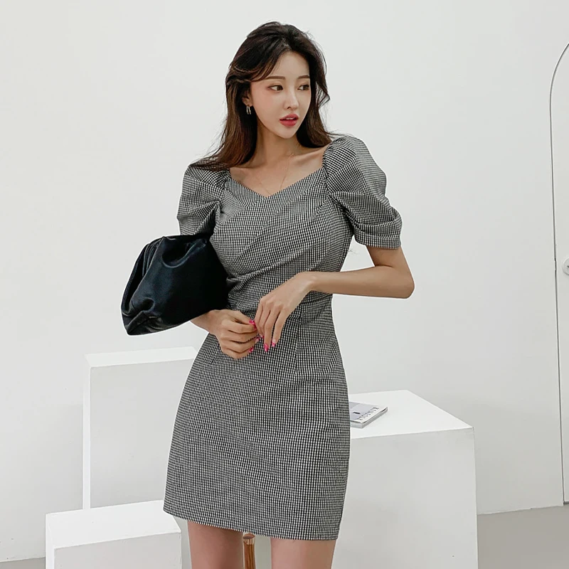 

Plaid Sheath Dress for Women Elegant Fashion Slim Waist V-neck Puff Sleeve dresses Vestidos Femme OL Bodycon Mini Dress vs162
