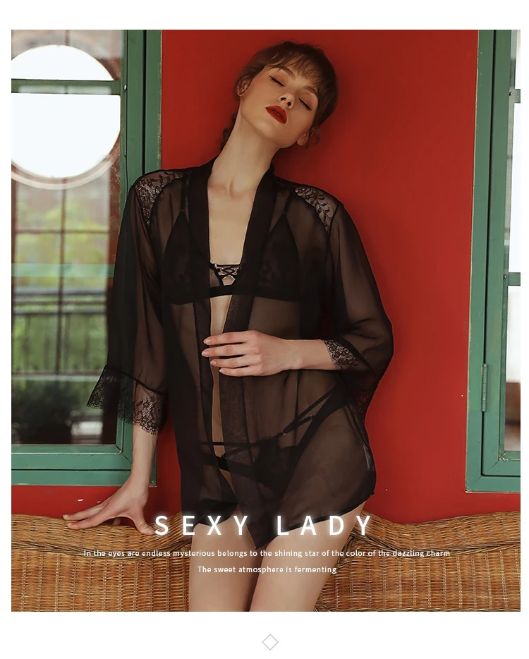 Female New Products Embroidered French Triangle Cup Lace Cardigan Perspective Nightgown Set+ Bra Set 3 Piece Set