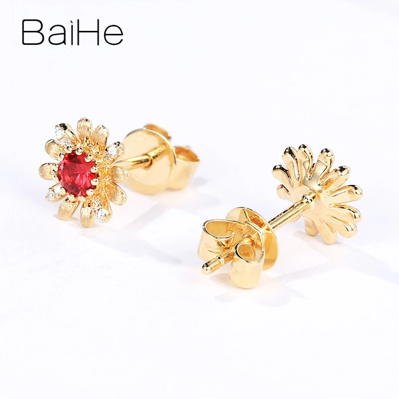 BAIHE Solid 14K розовое золото 0.22ct натуральный рубин 0.02ct натуральные бриллианты модные ювелирные украшения свадебные женские серьги-гвоздики в виде цветка