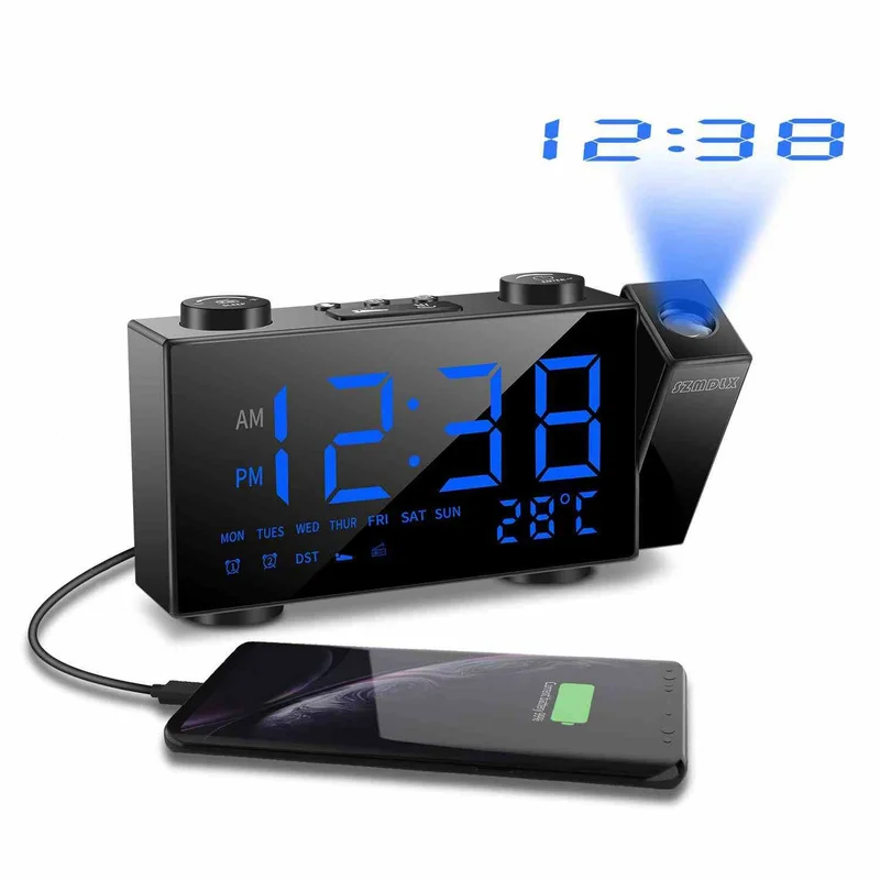 LED FM Radio Alarm Clock Digital Time Projection Desk Clock Snooze Function Temperature Display USB
