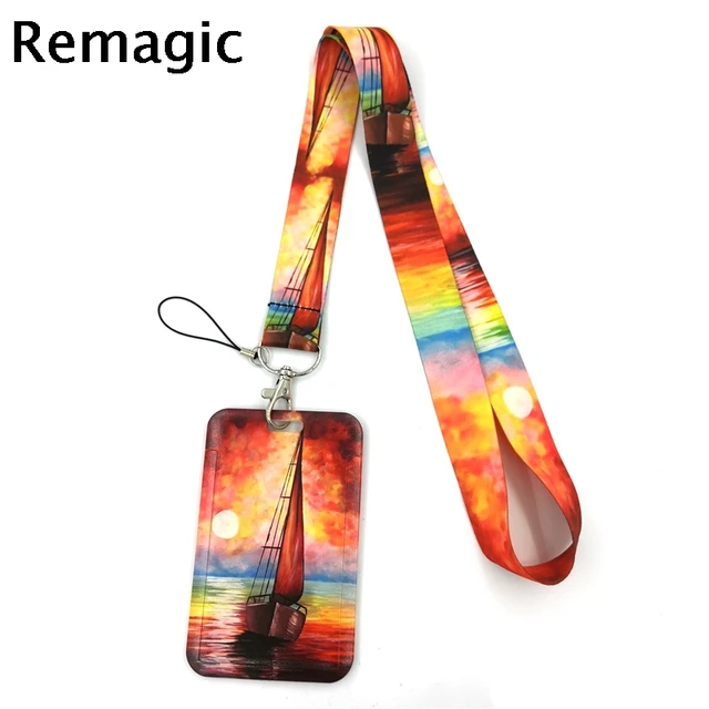 Sunset Seaside Sailing Boat Id Badge Holder Credit Holder Fashion Badge Card Holder Wallet with Lanyard Clear Id Window for School Office 