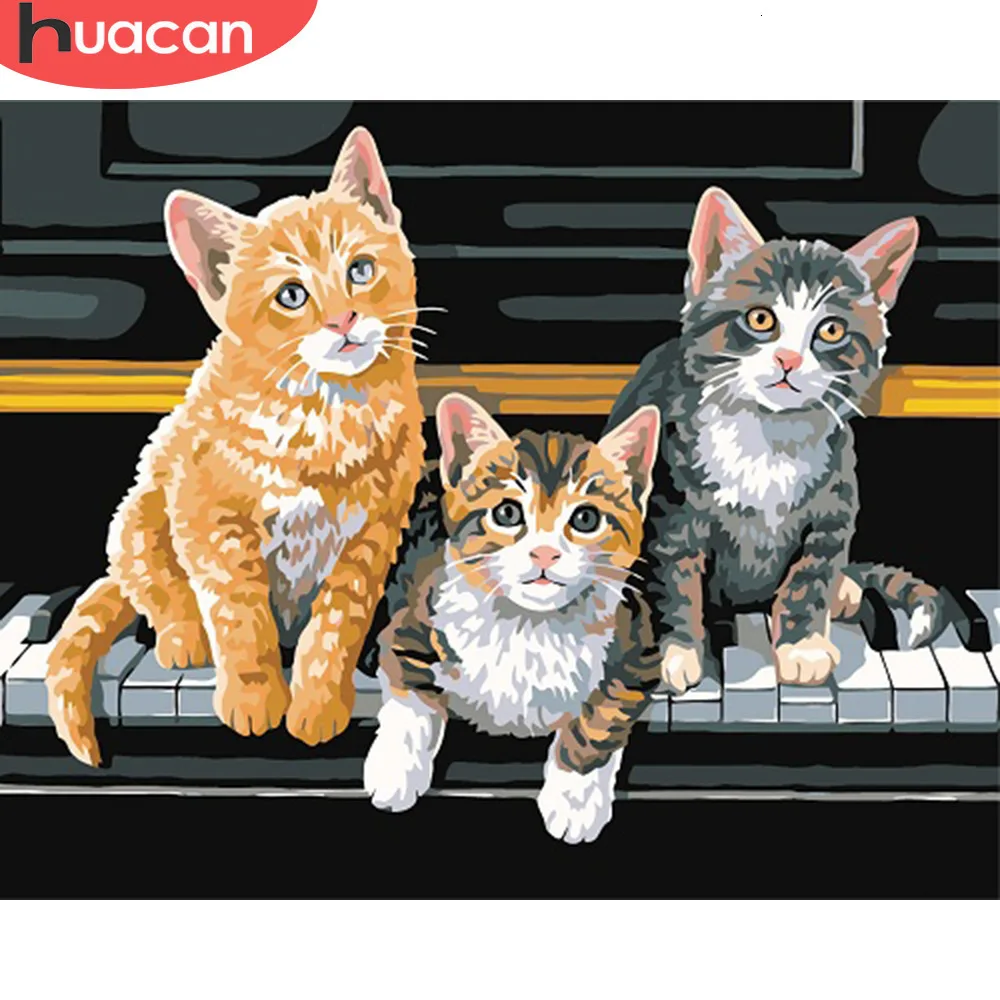 HUACAN Pictures By Numbers Cat Animals Kits Oil Painting Piano Drawing Canvas HandPainted DIY Home Decoration Gift