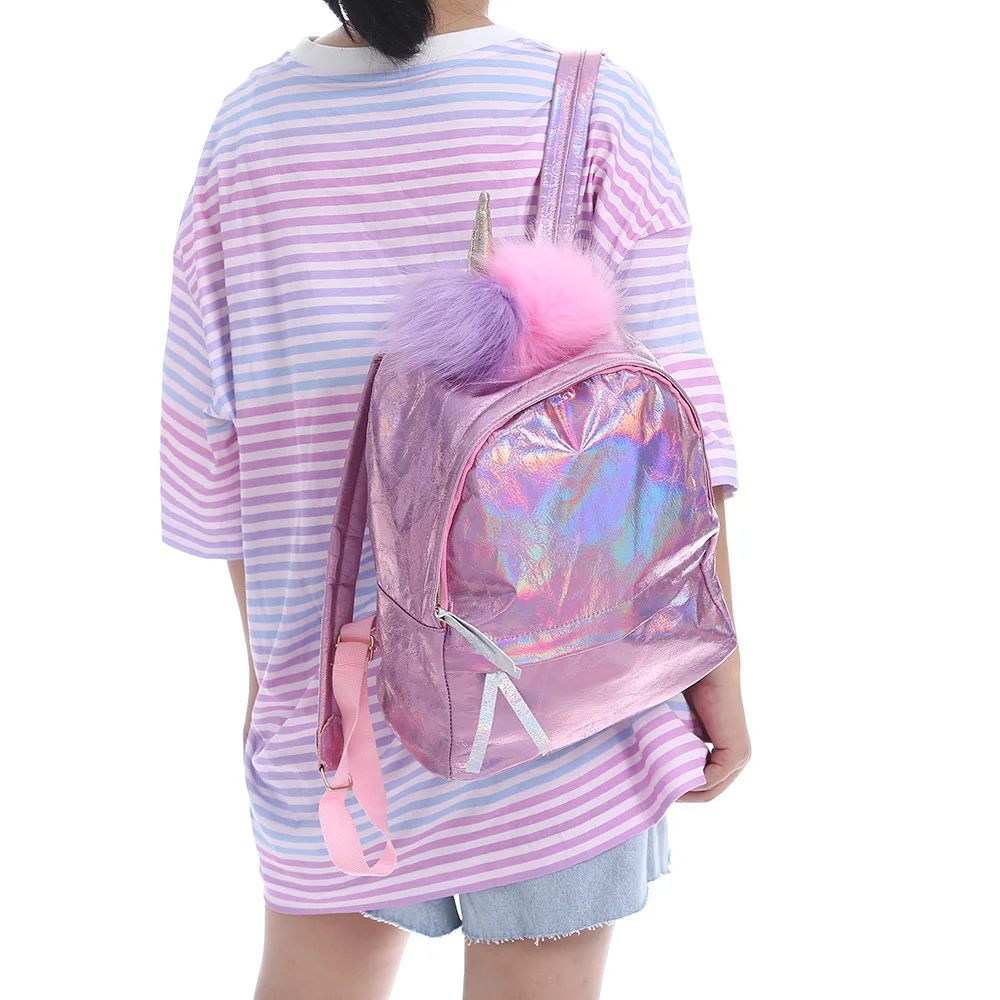 Модный сверкающий рюкзак с лазером из искусственной кожи для девочек-подростков, школьный голографический рюкзак, сумка на плечо для путешествий с помпоном