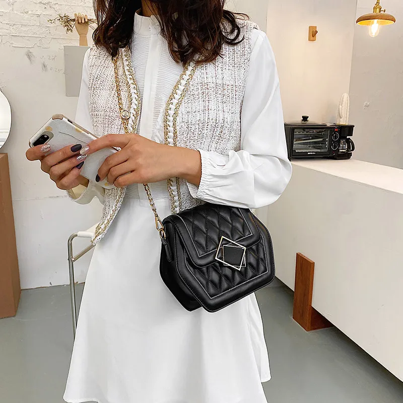 

2020 Fashion Trend PU Leather Hexagon Shoulder Bag Ladies Chain Plaid Women Handbag Black Lady Small Simple Lock Crossbody Bag