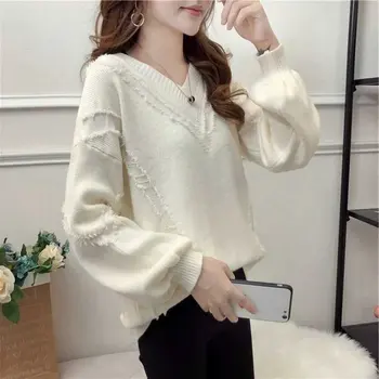 

Autumn Winter Women Sweaters V-Neck Knitted Tassel Tops Fashion Loose Pullover Sweater Slim Casual Tops