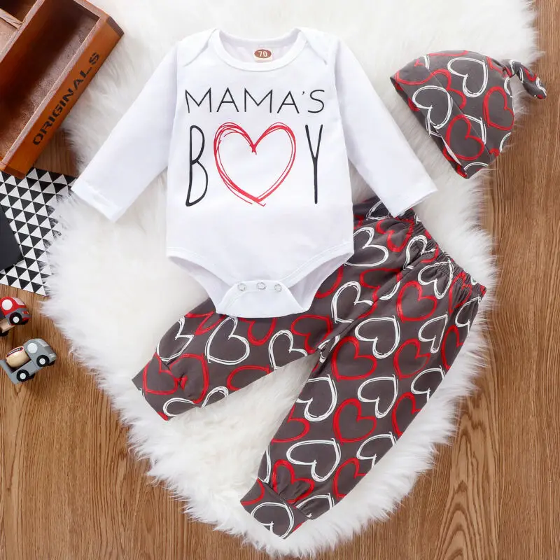 Emmaaby My First Valentine's Day/комплект одежды из 3 предметов для маленьких мальчиков и девочек: топ с длинными рукавами и буквенным принтом+ штаны+ шапочка на весну-осень, 0-24 месяца