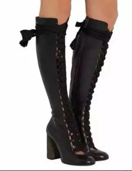 Новые модные женские ботинки из гладкой кожи с круглым носком на шнуровке; женские ботильоны на не сужающемся книзу массивном каблуке; рыцарские ботинки размера плюс 42 - Цвет: black long