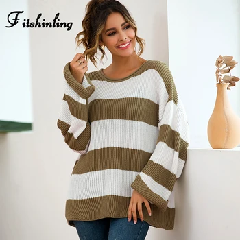 

Fitshinling Casual Long Sleeve Striped Women Sweaters And Pullovers 2019 Winter Knitted Jumper Pull Korean Style Ladies Sweater