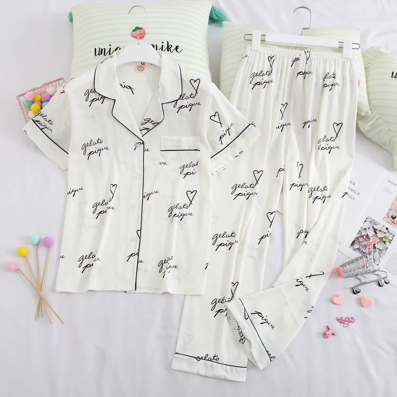 

New Love Printing Short Sleeve Ice Silk Home Service Thin Cardigan Ladies Pajamas Summer