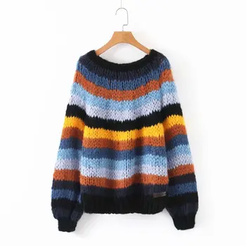 

2020 Spring Women Oversize Sweater Rainbow Striped Round Neck Knitwear Stitching Color Fashion Casual Style Long Sleeve Pullover