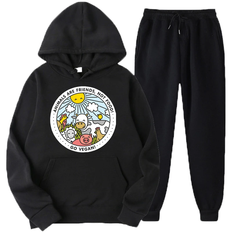 Go Vegan Animals Are Not foam Conjunto de ropa deportiva para hombre, chándal informal de lana con capucha y pantalones, chándal de dos piezas|Conjuntos para hombres| AliExpress