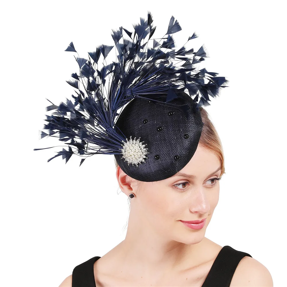 women fascinator hats High quality 4 layer sinamay elegant ladies wedding headwear with fancy feather occasion hair accessories