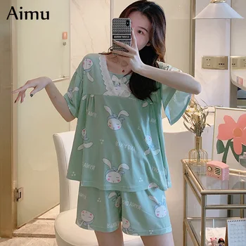 

summer cute cartoon print Short Sleeve Pajamas Set casual lace Sleepwear Top 2Pcs Nightwear for Women Loose Waist shorts Pyjamas