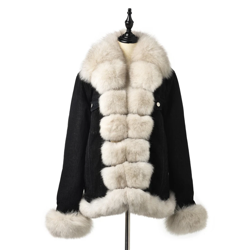 FURSARCAR 2019 New Fashion Real Fur Parka Women Jean Jacket Winter Coat With Blue Fox Fur Collar And Cuff Casual Warm Fur Parka