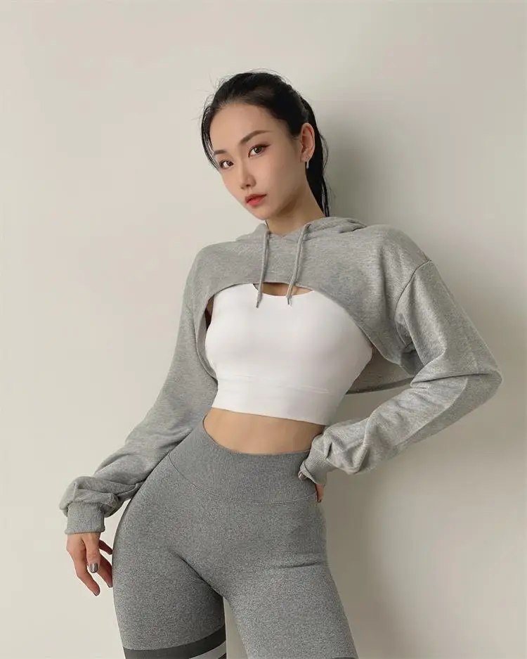 Women Fitness Crop Top  Cotton Sports  Shirts Long Sleeves Hoodie Sweatshirt Gym Workout Yoga T-shirts