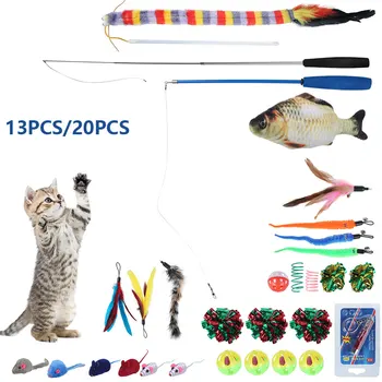

13/20 pcs Cat Toys Plastic Kitten Interactive Stick Funny Cat Fishing Rod Game Wand Feather Stick Toy Pet Supplies Cat Accessory