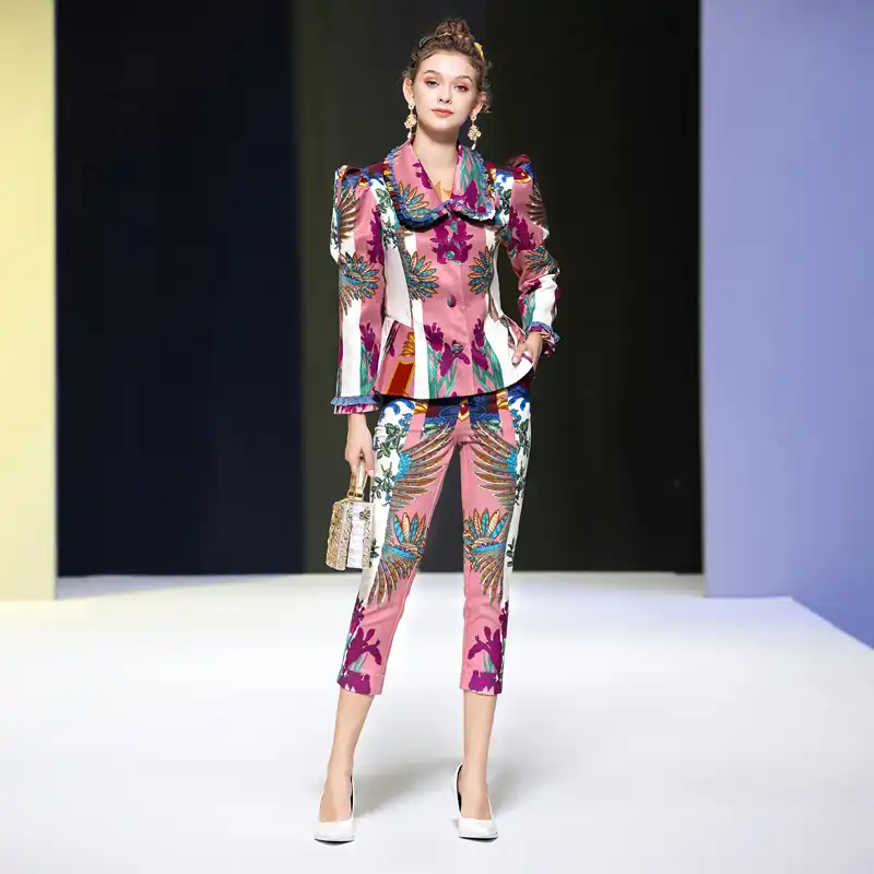 秋の新女性のデザイナー高品質ヴィンテージエレガントシックなラペル長袖コートとスリムパンツファッションプリント2点セット レディースセット Aliexpress