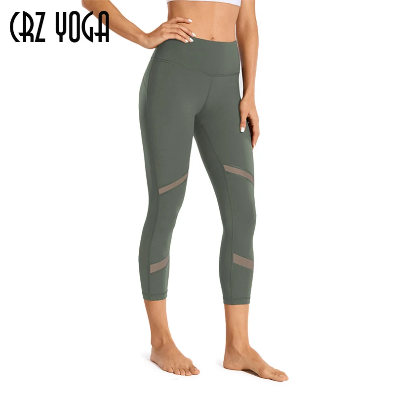 CRZ YOGA Women's Naked Feeling Mid-Waist Mesh Panels Splice Tights Yoga Capri Workout Leggings -21 Inches CRZ YOGA Women's Naked Feeling Mid-Waist Mesh Panels Splice Tights Yoga Capri Workout Leggings -21 Inches