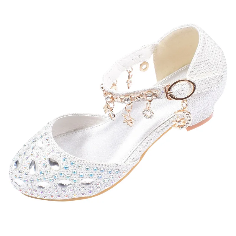 Детская обувь принцессы; кожаная обувь для девочек; повседневная детская обувь с блестками и блестками; обувь для девочек на высоком каблуке с бантом; цвет синий, розовый