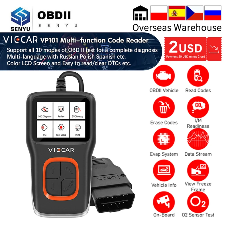 Считыватель кодов Viecar VP101 I/M DTC OBD 2 OBD2 диагностический Автомобильный сканер ELM327 ODB2